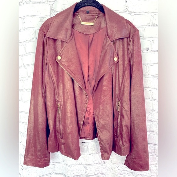 Iman Burgundy Cropped Metallic Sheen Faux Suede Moto Jacket Size Large - Picture 1 of 8